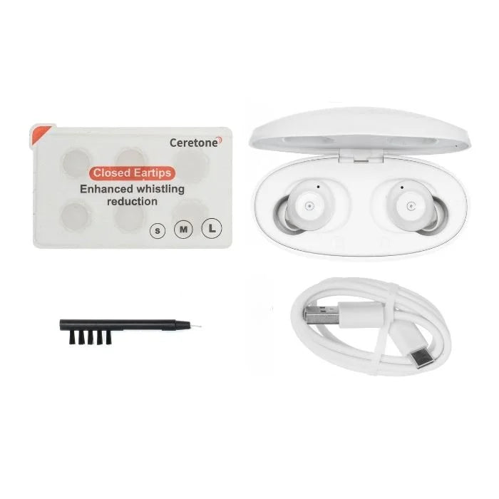 In the box of Fusion over the counter hearing aid. Including ear tips, fusion over the counter hearing aids and charging case, cleaning tool, and USB C cable.