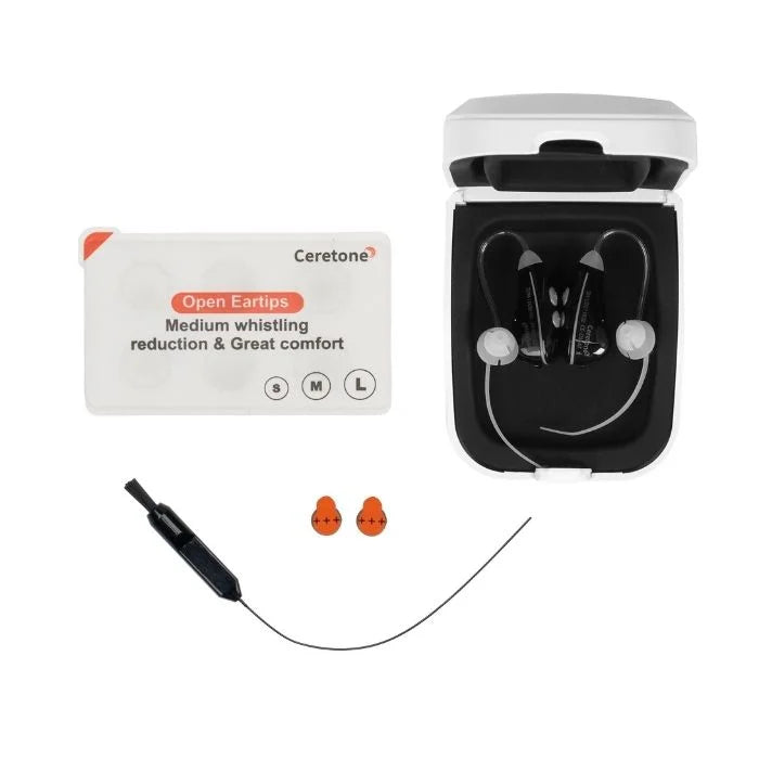 Ceretone ready to use hearing aids what is in the box for behind the ear battery replaceable hearing aids, included are ear tips, Nexus hearing aids, cleaning tool, two a13 batteries