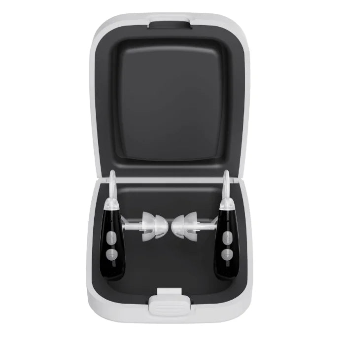 Ceretone Nexus ready to use hearing aid inside the portable case.