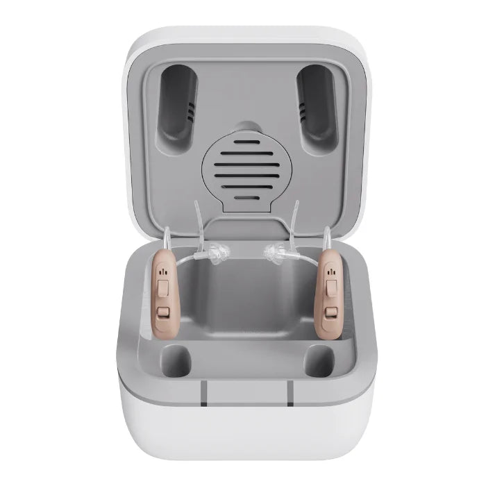 Solid ready to use hearing aids with the charging case, open space to carry additional accessories. 