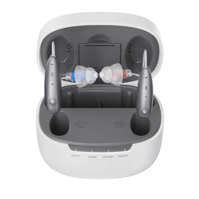 Ceretone Beacon behind the ear ready to use hearing aid device in charger.
