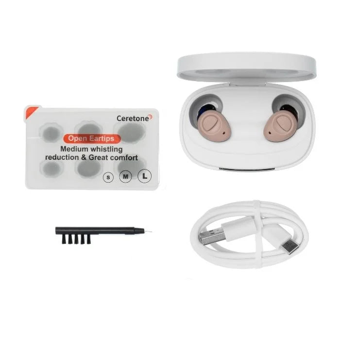 Ceretone Torch over the counter hearing aids what comes included in the box. Ear tips, torch hearing aid, hearing aid case, hearing aid cleaning tool, and a USB-C charging cable.